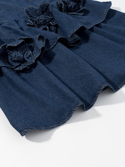 Floral ruffle layered denim dress by Trendsi featuring a feminine design with floral accents and ruffled details.