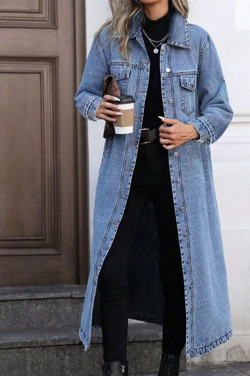 Longline button-front denim jacket by Trendsi, shown in a stylish blue denim with front buttons and a relaxed fit.