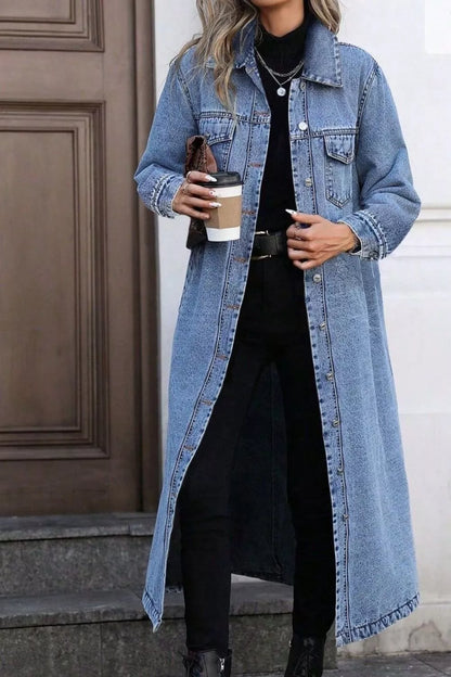 Longline button-front denim jacket by Trendsi, shown in a stylish blue denim with front buttons and a relaxed fit.