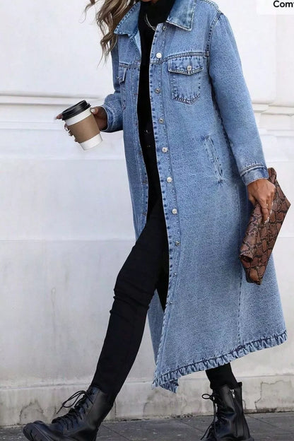 Longline button-front denim jacket by Trendsi featuring classic blue denim, collar, and front pockets, styled for casual wear.
