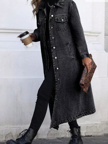 Longline button-front denim jacket by Trendsi, shown in a stylish blue denim with front buttons and a relaxed fit.