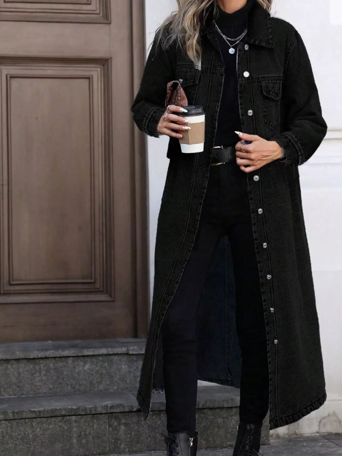 Longline button-front denim jacket from Trendsi, shown in dark blue with chest pockets and classic collar detail.