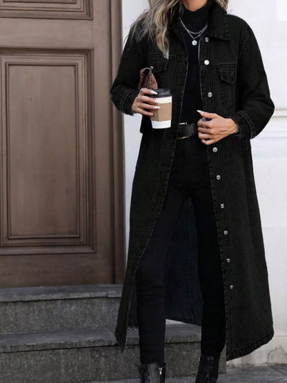 Longline button-front denim jacket from Trendsi, shown in dark blue with chest pockets and classic collar detail.