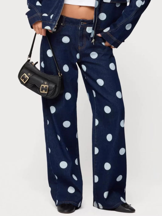 Medium shot of Trendsi polka dot wide leg jeans with a high waist and relaxed fit, showcasing the fabric pattern and leg style.
