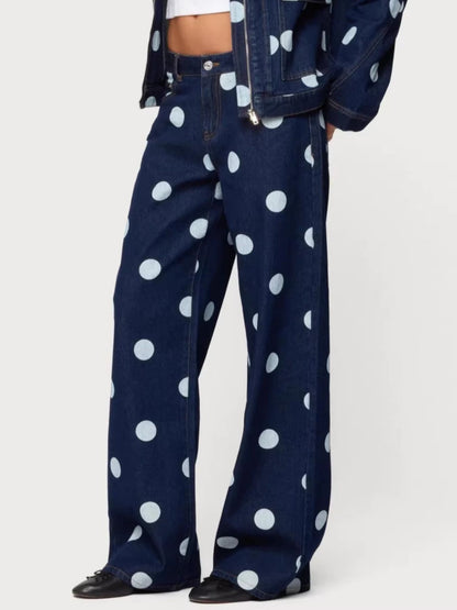 Trendsi polka dot wide leg jeans with high waist and relaxed fit, featuring a playful black and white pattern.