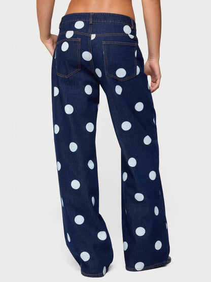Trendsi polka dot wide-leg jeans featuring a high waist, relaxed fit, and playful black and white polka dot pattern.