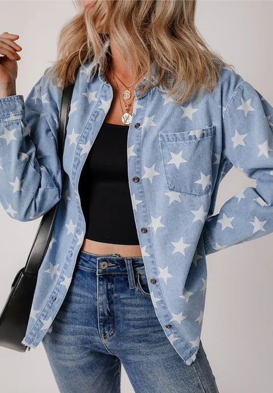 Raw hem star-embellished denim top with collared neckline from Trendsi, displayed on a mannequin.