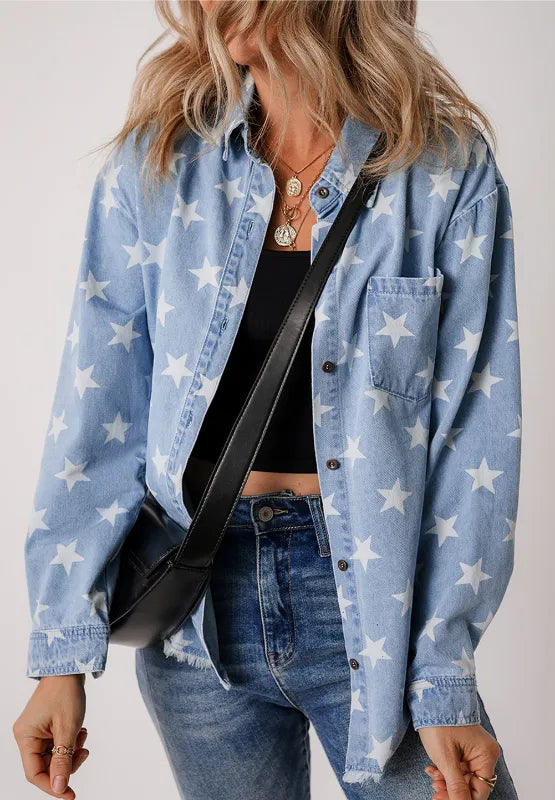 Raw hem star-embellished denim top with a collared neckline from Trendsi, displayed on a neutral background.