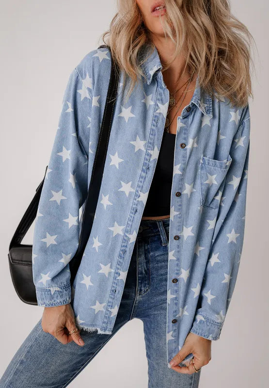 Raw hem star-embroidered denim top with a collared neck, featuring a casual, stylish design from Trendsi.
