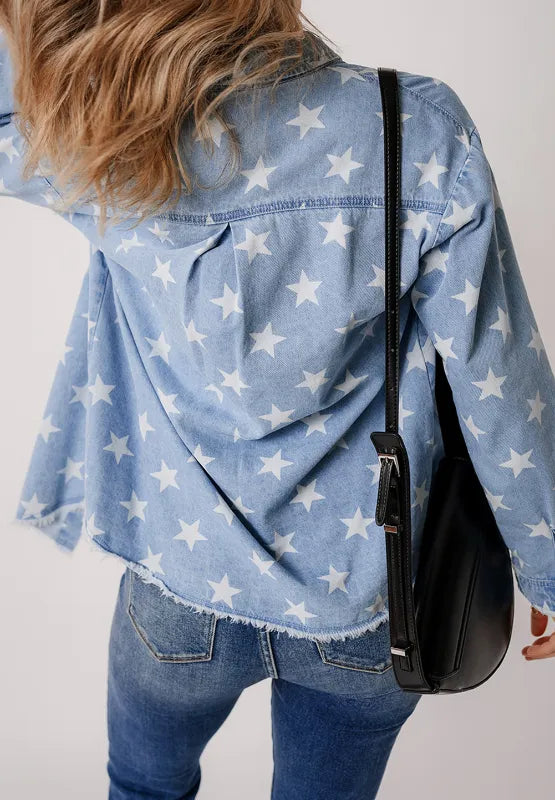 Raw hem star-embellished denim top with collared neck from Trendsi, featuring a casual fit and trendy design.