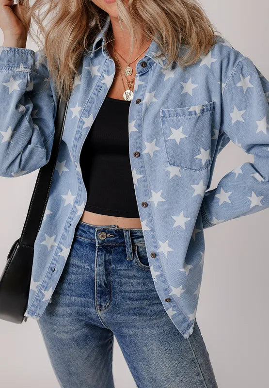Raw hem star-embellished denim top with collar from Trendsi, featuring a casual fit and button front.