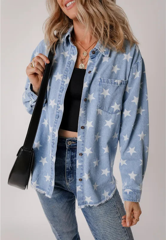 Raw hem star-embellished denim top with a collar, featuring a casual fit and trendy design, perfect for stylish everyday wear.