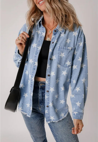 Raw hem star-embellished denim top with a collar, featuring a casual fit and trendy design, perfect for stylish everyday wear.