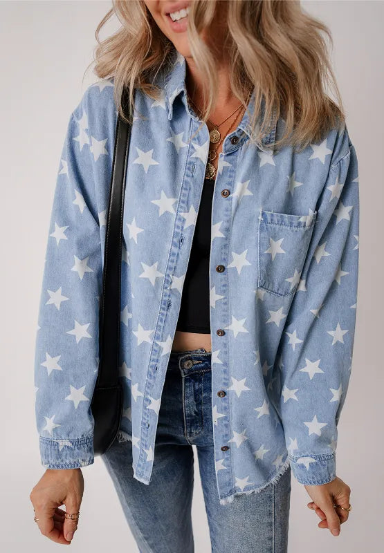 Raw hem star-embroidered denim top with a collared neck from Trendsi, featuring a casual, stylish design and medium wash denim fabric.