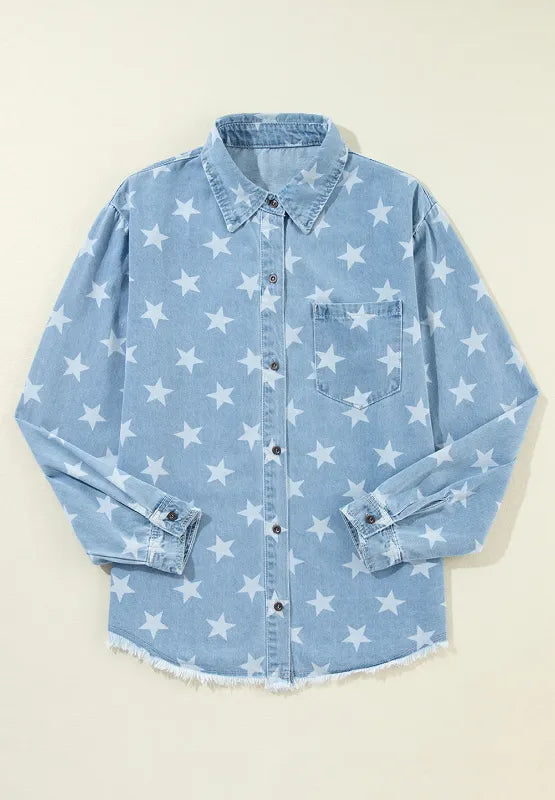 Raw hem star-embellished denim top with a collared neck from Trendsi, featuring a casual, stylish design.