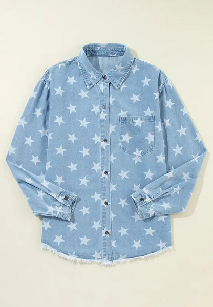 Raw hem star-embellished denim top with a collared neck from Trendsi, featuring a casual, stylish design.