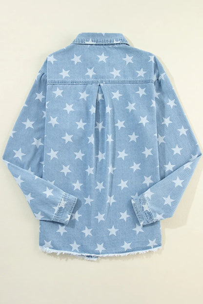 Raw hem star-embellished denim top with a collared neck by Trendsi, featuring a casual, stylish design and medium wash denim fabric.