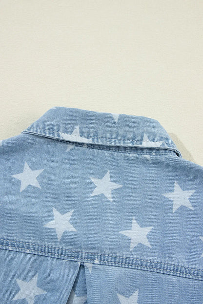 Medium denim top with raw hem, star collar detail, from Trendsi, featuring long sleeves and stylish casual design.