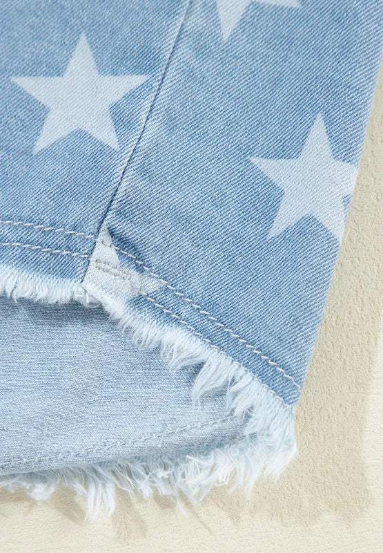 Raw hem star collar denim top by Trendsi featuring a classic collar, raw hem detail, and star accents on medium-wash fabric.