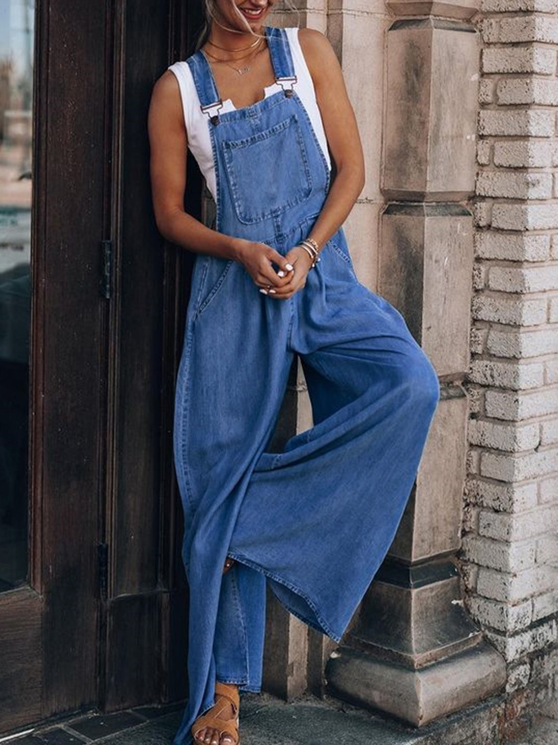 Medium-sized image of Trendsi wide-leg denim overalls featuring adjustable straps and classic five-pocket design.