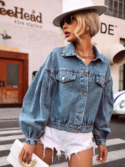 Medium-sized denim top with a collared neck and dropped shoulders, featuring a casual, stylish design from Trendsi.