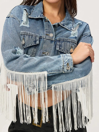 Distressed fringe-collared cropped denim top by Trendsi, featuring a classic collar and frayed edges for a trendy, casual look.