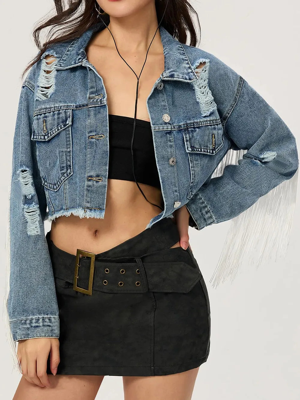Distressed fringe-collared cropped denim top from Trendsi, showcasing a stylish collar, frayed edges, and a fitted cropped design.