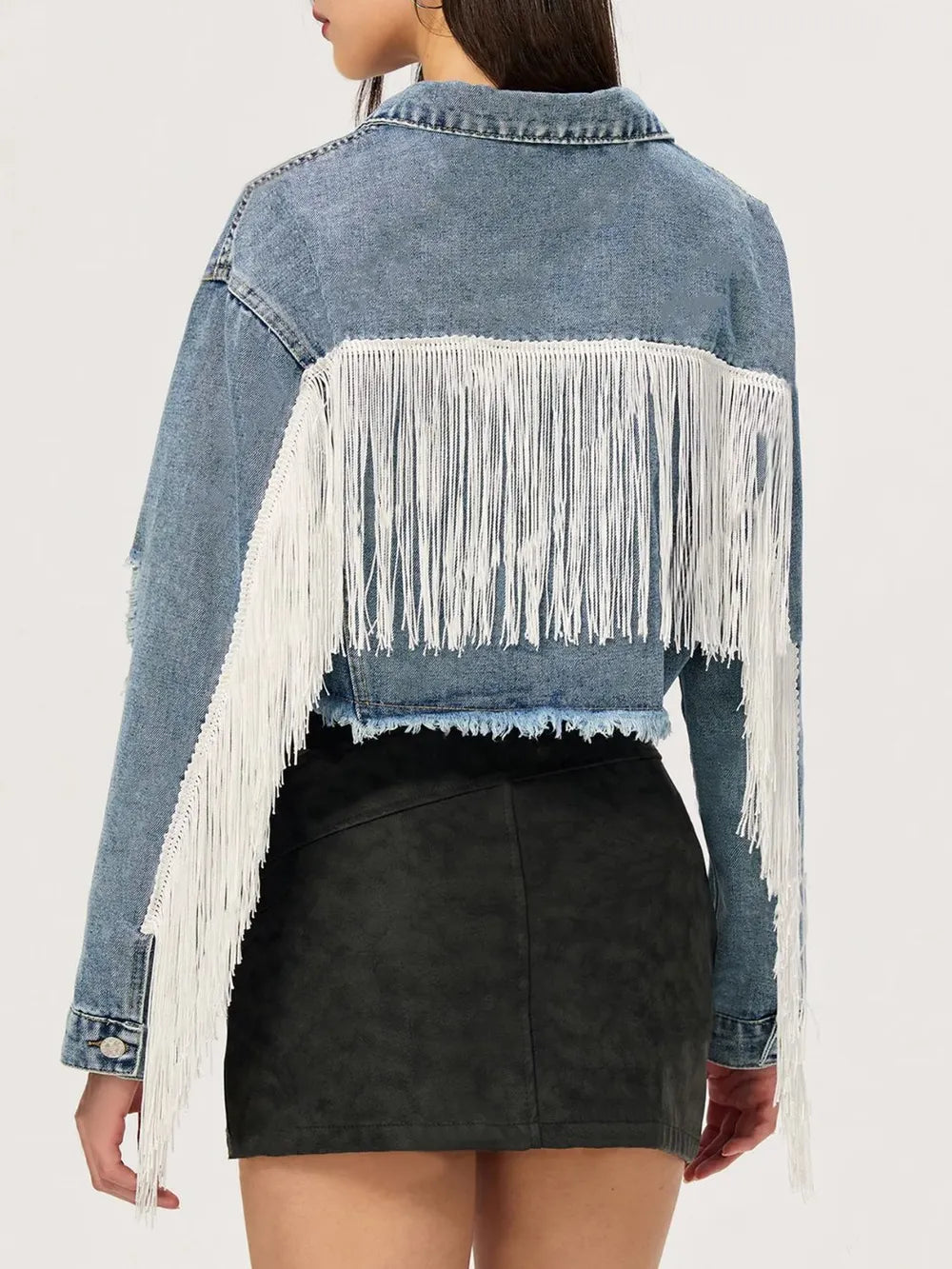 Distressed fringe-collared cropped denim top by Trendsi, featuring a collared neckline and casual, trendy style.