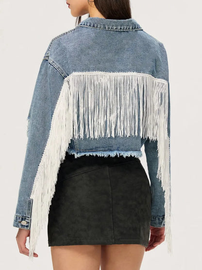 Distressed fringe-collared cropped denim top by Trendsi, featuring a collared neckline and casual, trendy style.
