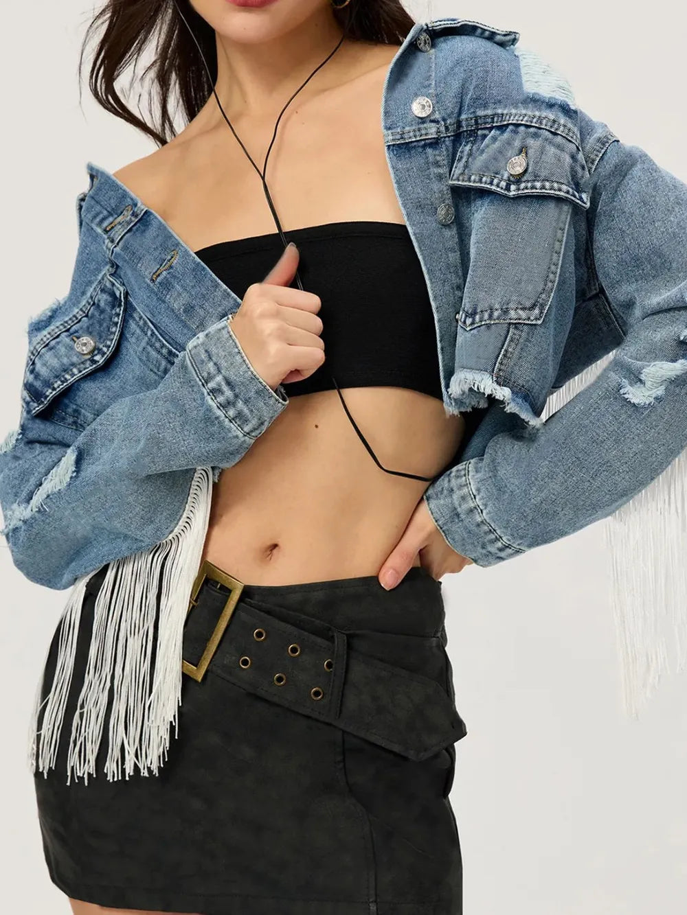 Distressed fringe-collared cropped denim top by Trendsi, featuring a stylish collar and casual, edgy design.