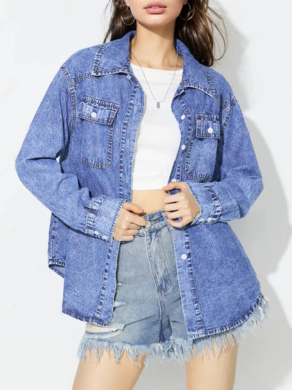 Medium blue denim top with curved hem, styled by Trendsi, featuring a casual fit perfect for everyday wear.