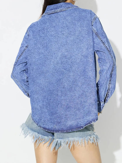 Medium blue denim top with curved hem from Trendsi, featuring a casual fit and stylish design for versatile everyday wear.