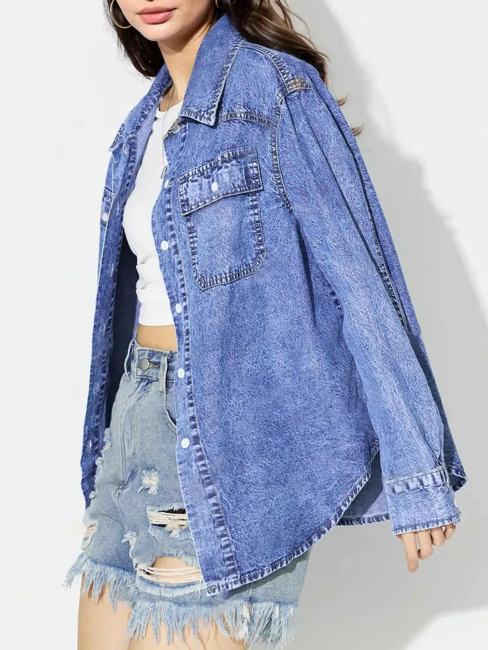 Medium denim top with curved hem from Trendsi, featuring a casual fit and stylish design for versatile everyday wear.