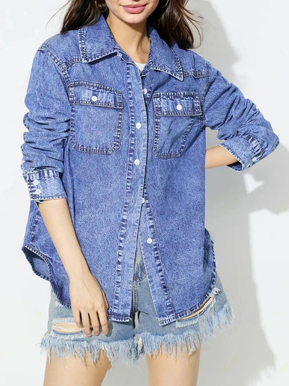 Light blue denim top with a curved hem, casual fit, and long sleeves, styled for everyday wear by Trendsi.