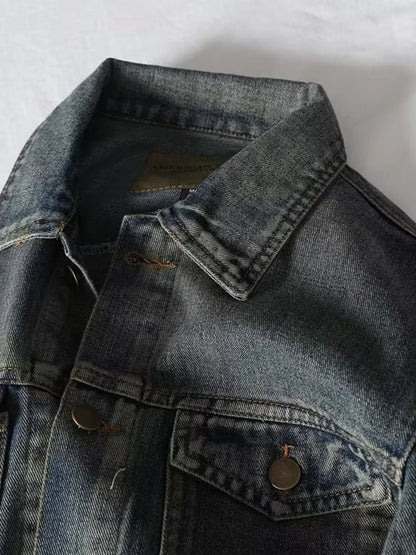 Men's plus size sea blue denim jacket with long sleeves and button-up front, casual men's jacket from Trendsi.