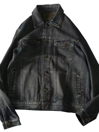 Men's plus size sea blue denim jacket with long sleeves and button-up front, casual men's jacket by Trendsi