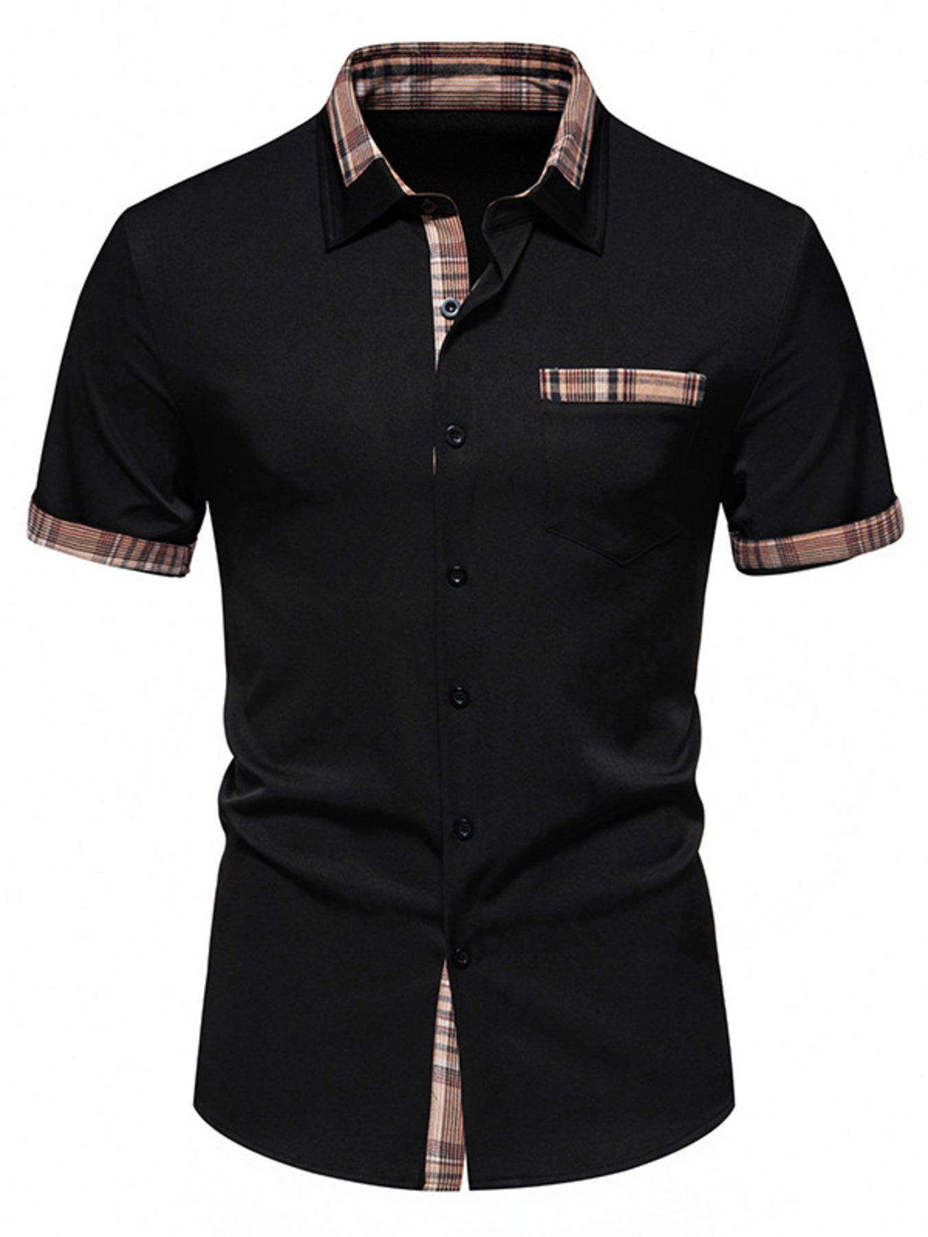 Men's black short sleeve plaid trim shirt from Trendsi, casual men's top with a classic plaid design and contrasting trim.