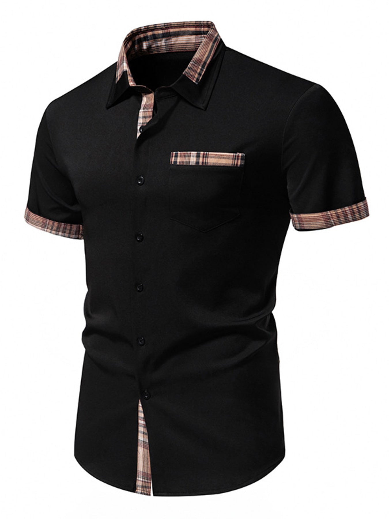 Men's short sleeve plaid trim shirt in black from Trendsi, featuring a casual top with stylish plaid details.