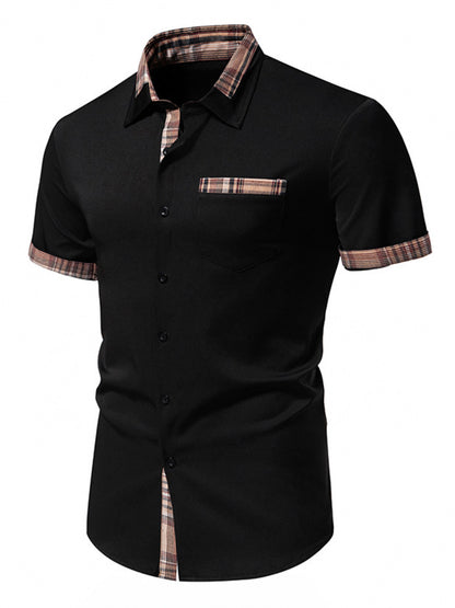 Men's short sleeve plaid trim shirt in black from Trendsi, featuring a casual top with stylish plaid details.