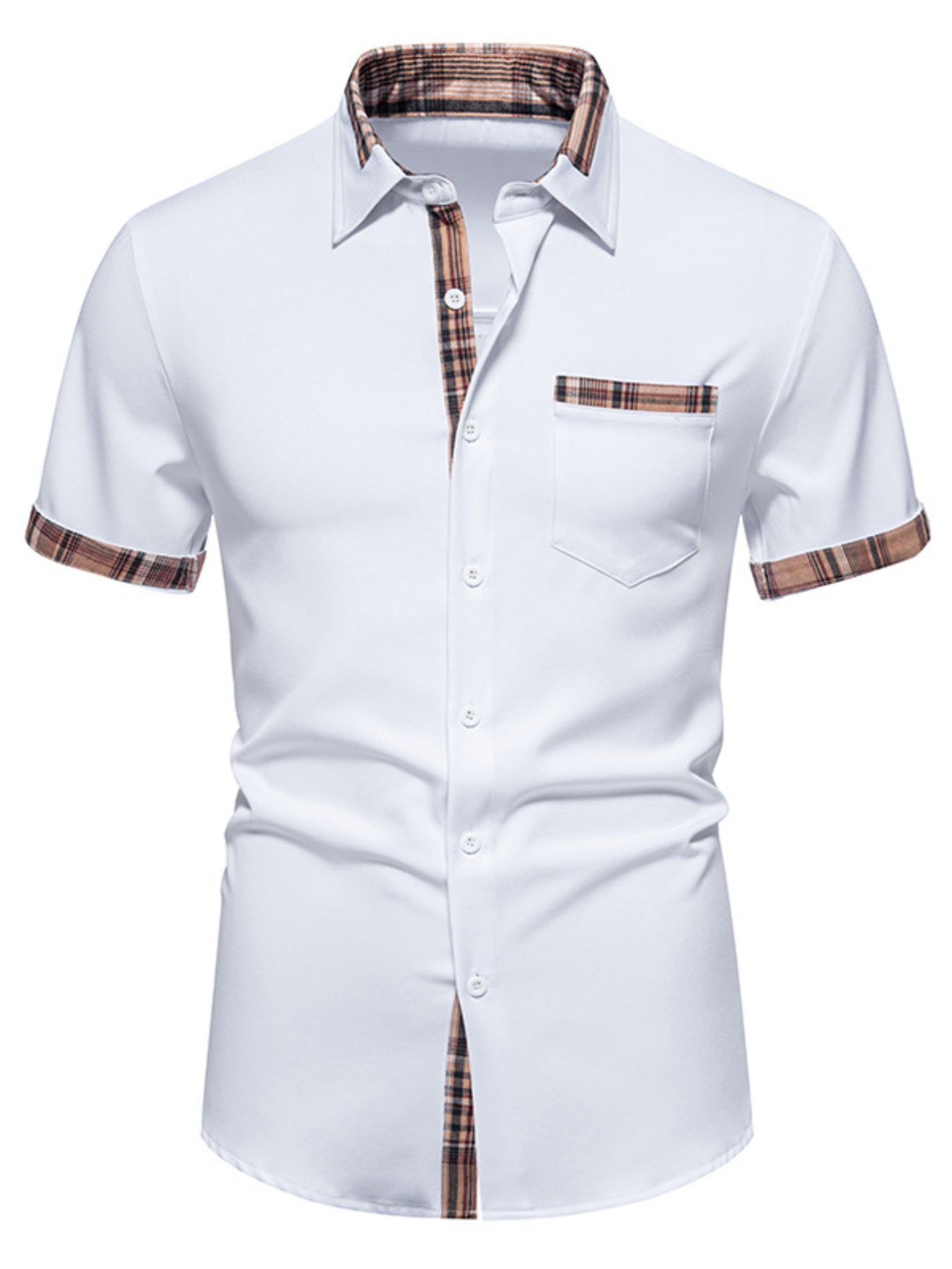 Men's black short sleeve plaid trim shirt, men's top by Trendsi, showcasing a stylish, casual plaid design with short sleeves.