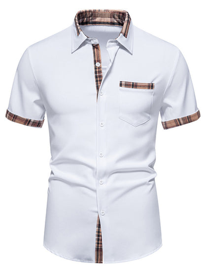 Men's black short sleeve plaid trim shirt, men's top by Trendsi, showcasing a stylish, casual plaid design with short sleeves.