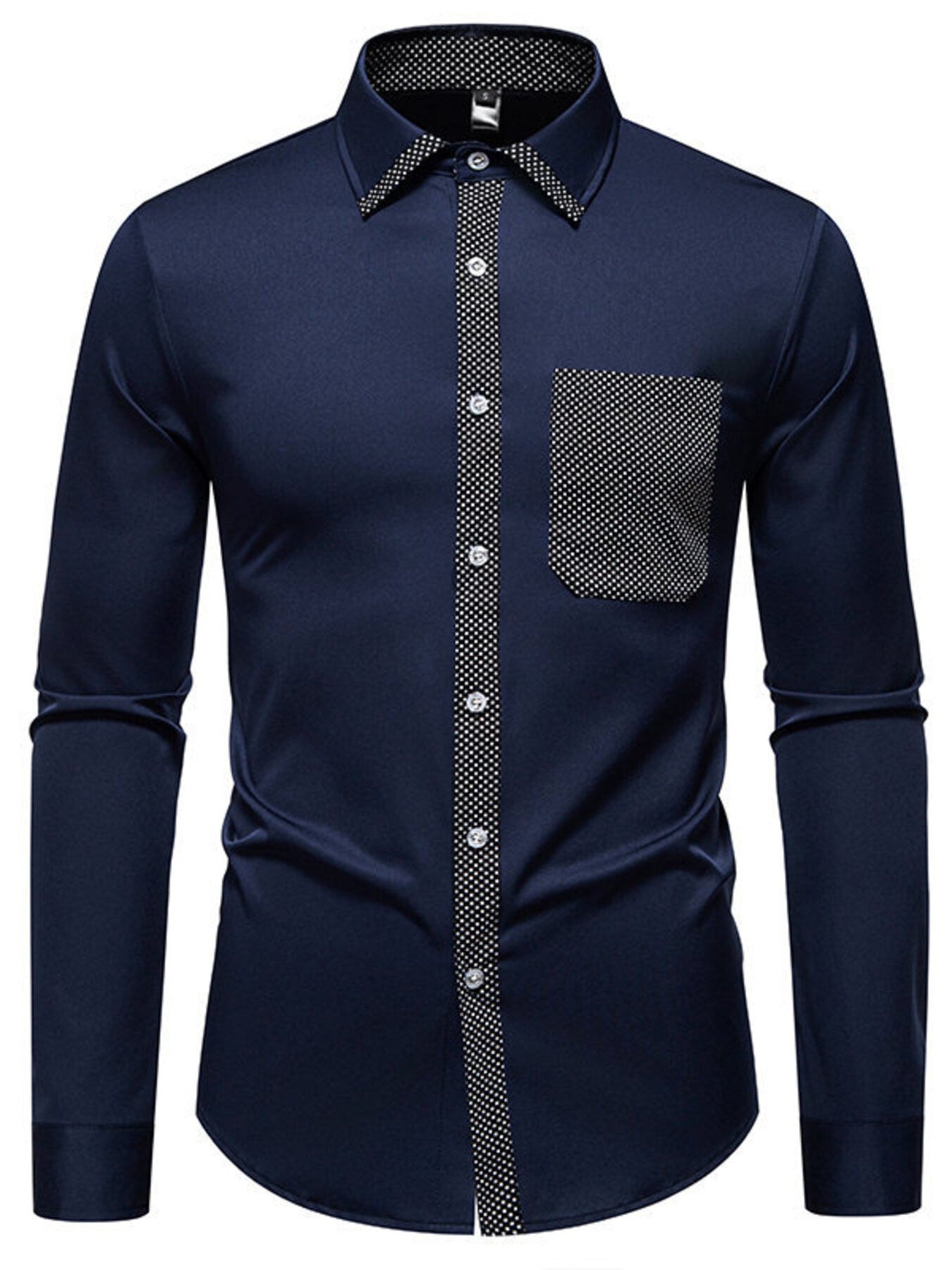 Navy blue men's slim fit long sleeve shirt from Trendsi, featuring a classic collar and button-down front.