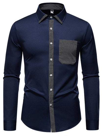 Navy blue men's slim fit long sleeve shirt from Trendsi, featuring a classic collar and button-down front.