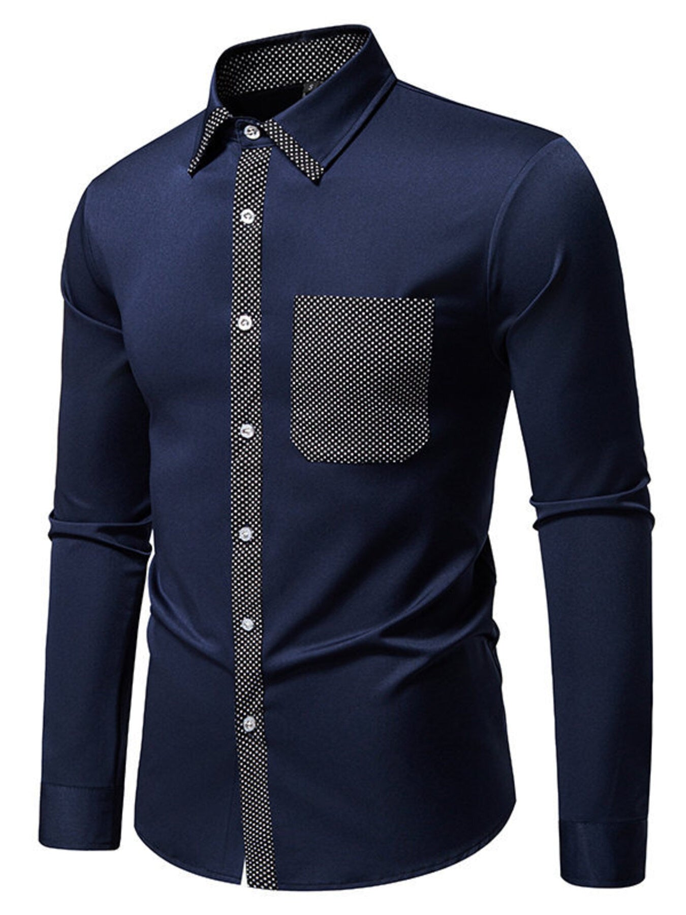 Navy blue men's slim fit long sleeve shirt from Trendsi, showcasing a fitted design and classic collar on a model.