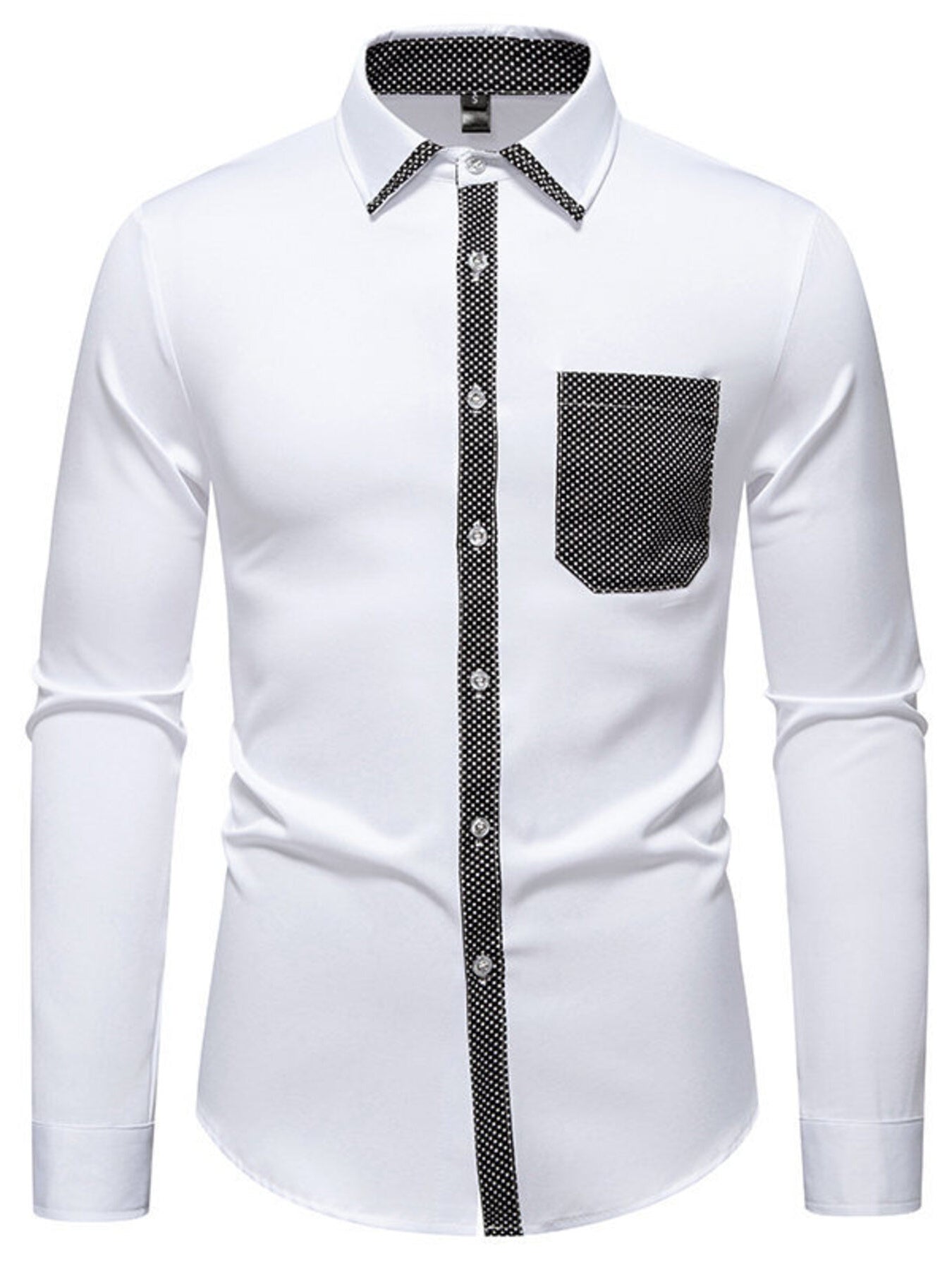 Navy blue men's slim fit long sleeve shirt from Trendsi, shown on a model, made of lightweight fabric with a classic collar.