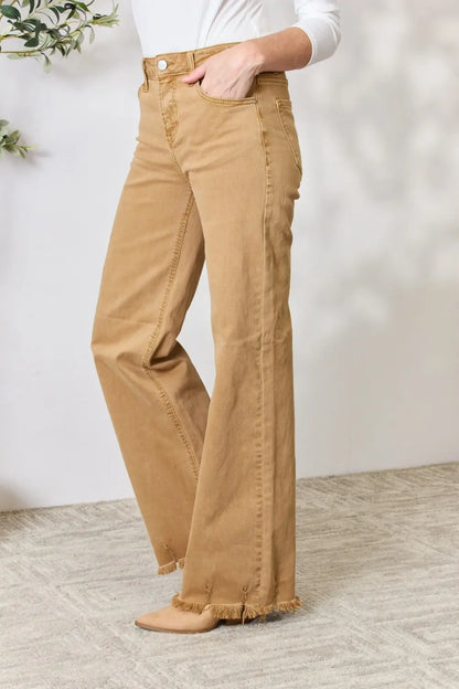 Risen full size fringe hem wide-leg jeans from Trendsi, featuring a relaxed fit and distressed detailing.