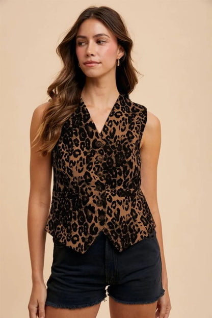 Annie Wear Stretch Leopard Denim Button Down Vest - Redemption By Ashley North