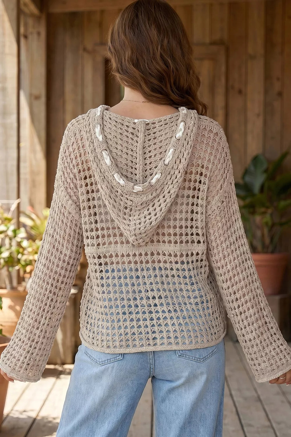 Mocha star pattern crochet hooded knit cover-up with drawstring, designed for casual beach or poolside wear.