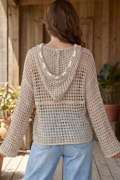 Mocha star pattern crochet hooded knit cover-up with drawstring, designed for casual beach or poolside wear.