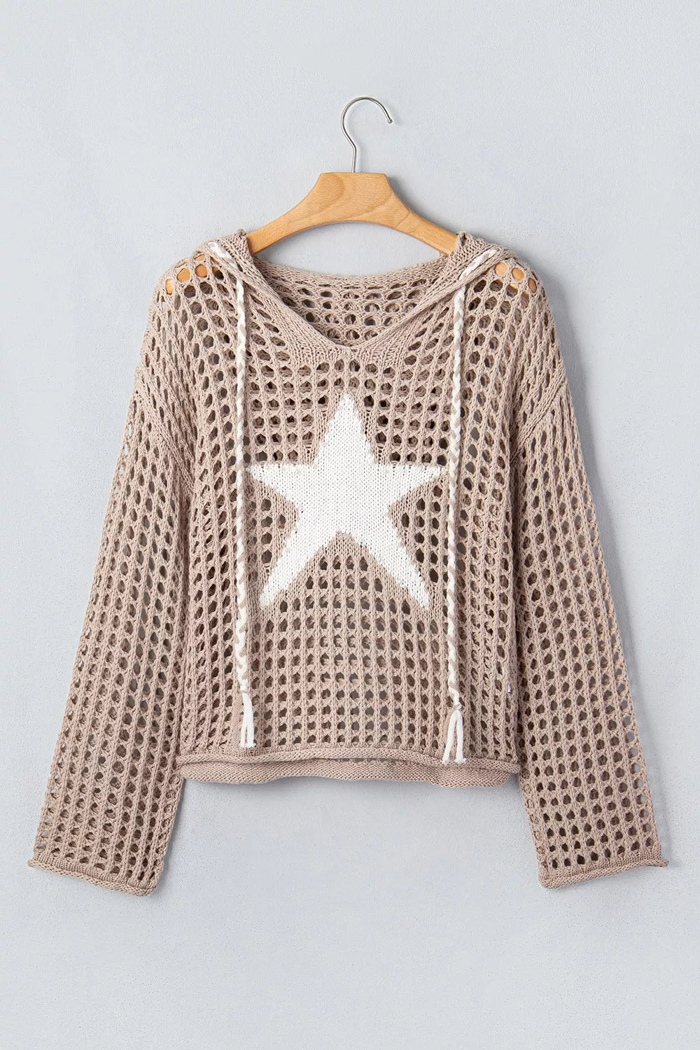Mocha star pattern crochet hooded knit cover-up with drawstring, lightweight and stylish for casual wear.